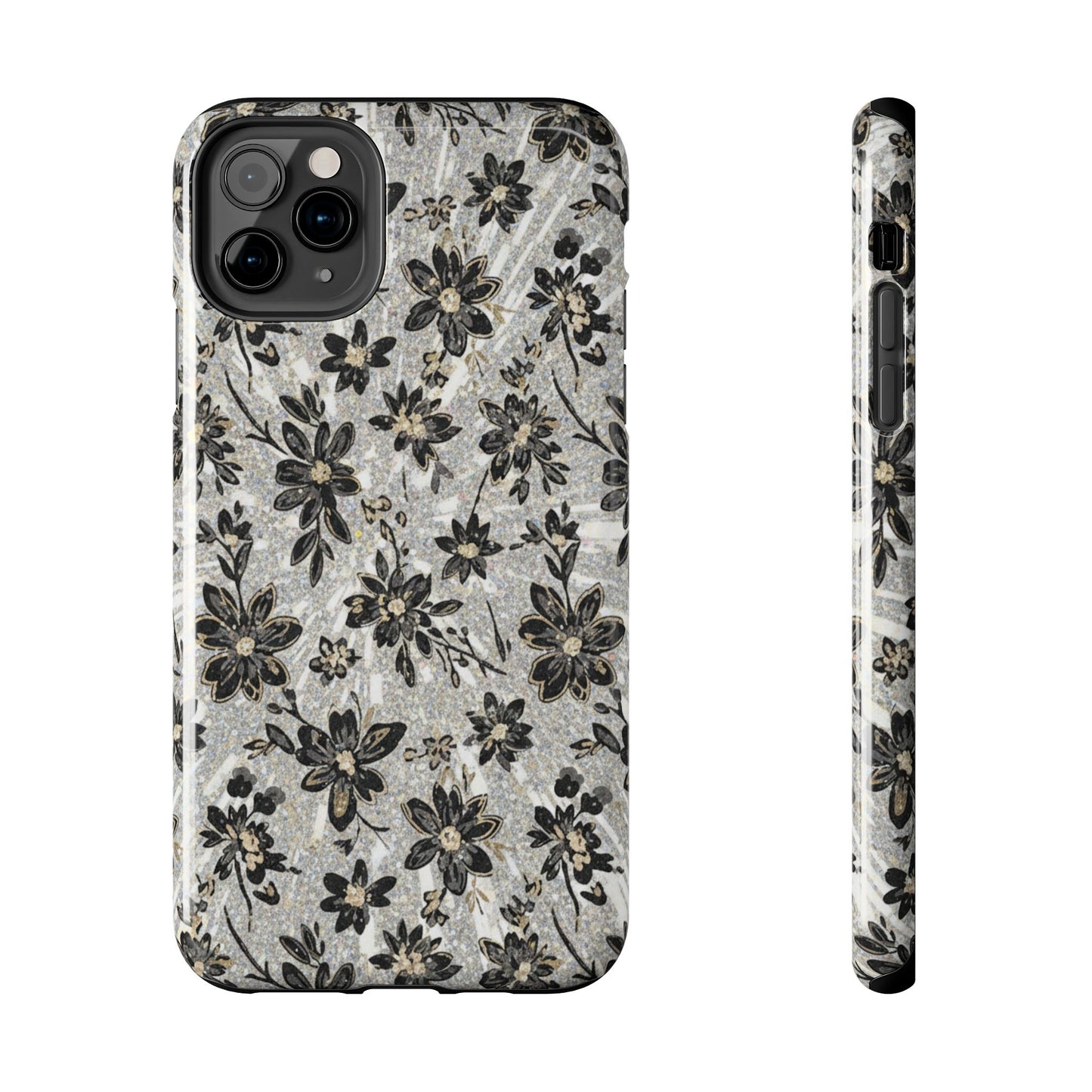 Floral Vintage Tough Phone Case — Black & Gray Rustic Flower Protective Case