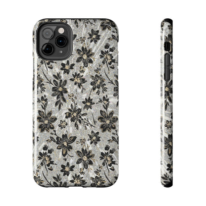 Floral Vintage Tough Phone Case — Black & Gray Rustic Flower Protective Case