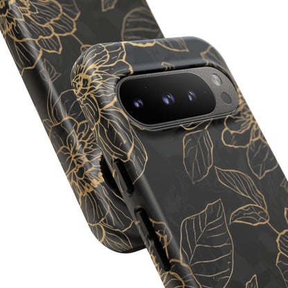 Floral Gold Outline Tough Phone Case – Black Botanical Protective Cover