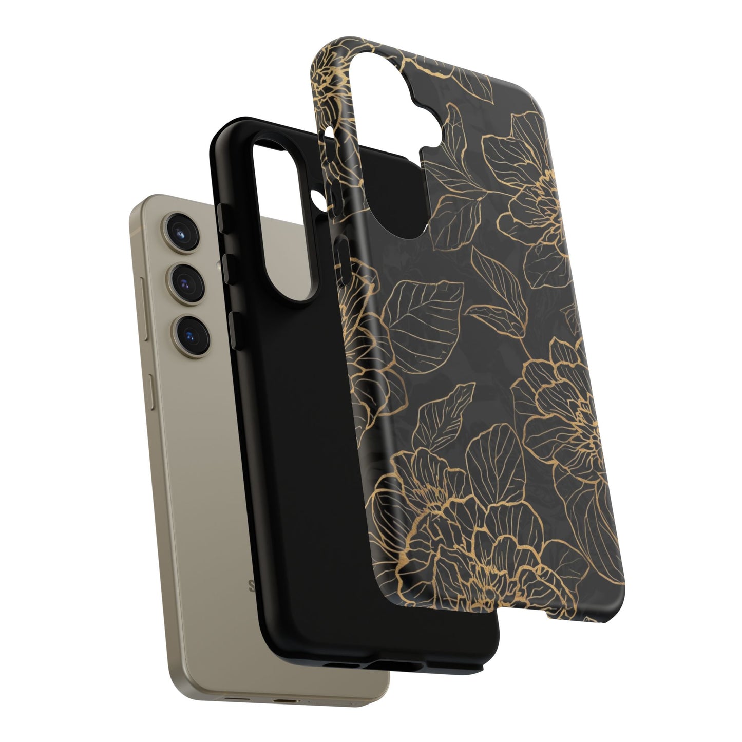 Floral Gold Outline Tough Phone Case – Black Botanical Protective Cover