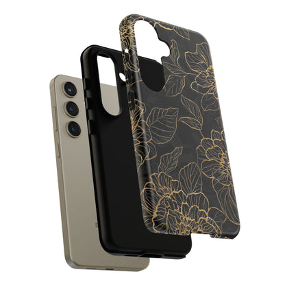Floral Gold Outline Tough Phone Case – Black Botanical Protective Cover