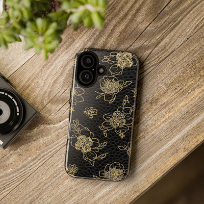 Floral Leather Phone Case — Gold Outline Flowers on Black Tough Case