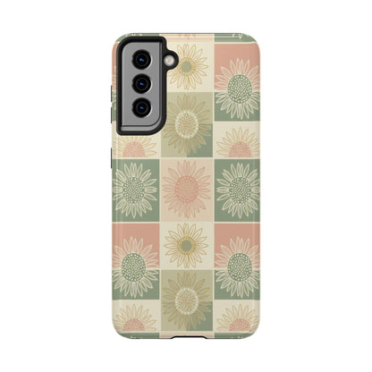 Sunflower Check iPhone Tough Phone Case — Retro Pastel Floral Protective Cover