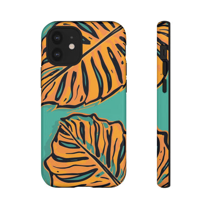 Tropical Leaf Tough Phone Case — Orange Monstera Design on Teal