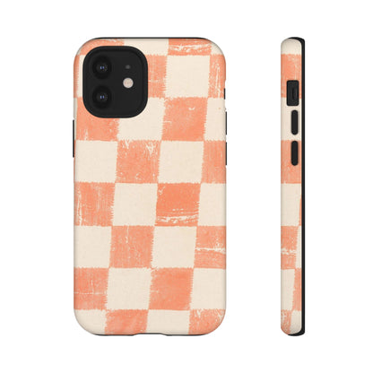 Peach Checkerboard Tough Phone Case — Retro Distressed Grid Design