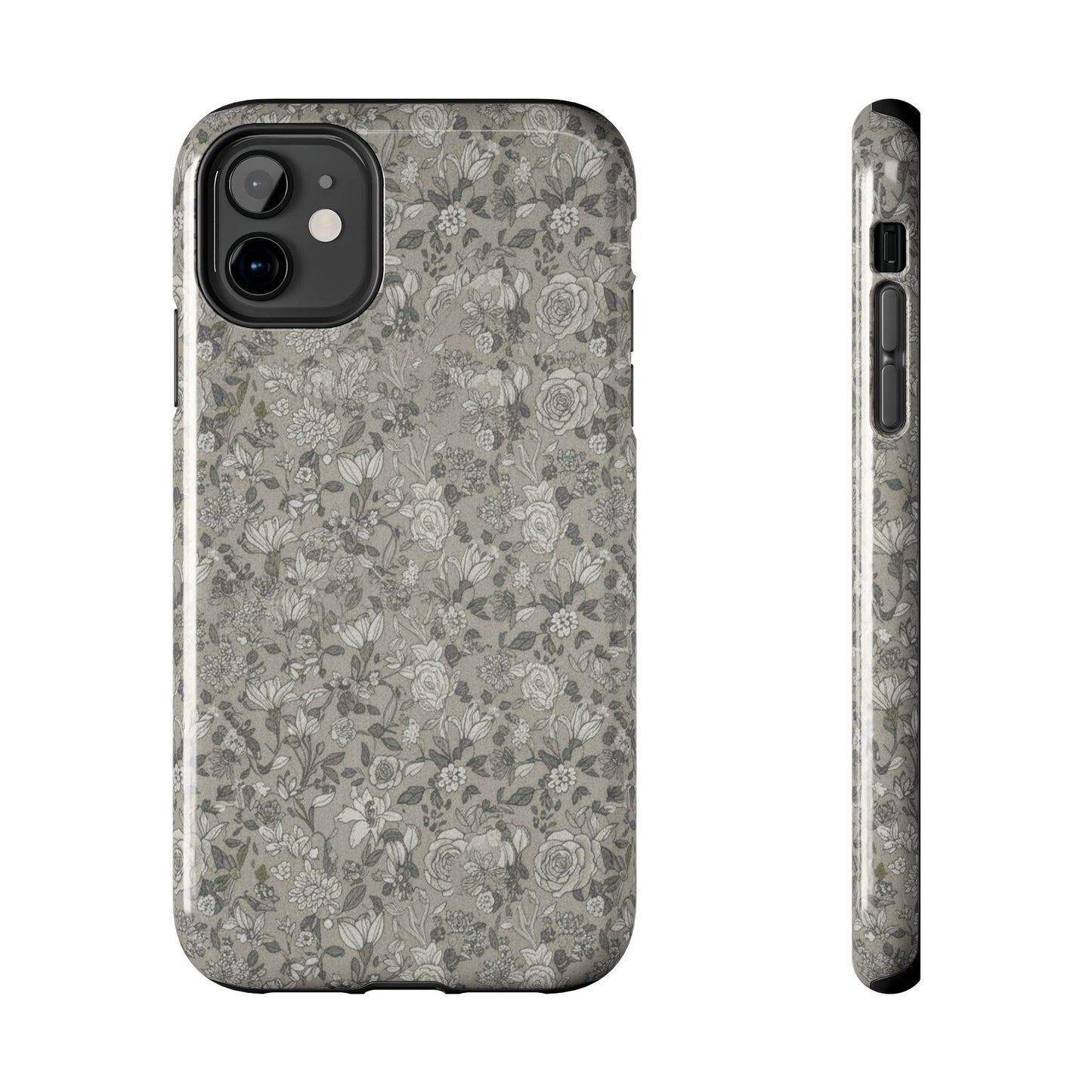 Gray Floral Tough Phone Case — Durable Protective Phone Cover with Vintage Botanical Pattern