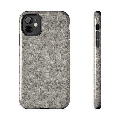 Gray Floral Tough Phone Case — Durable Protective Phone Cover with Vintage Botanical Pattern