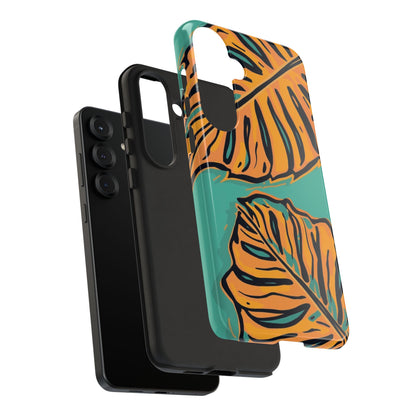 Tropical Leaf Tough Phone Case — Orange Monstera Design on Teal