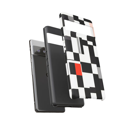 Abstract Geometric Phone Case – Black & White Checker Grid with Red Accent