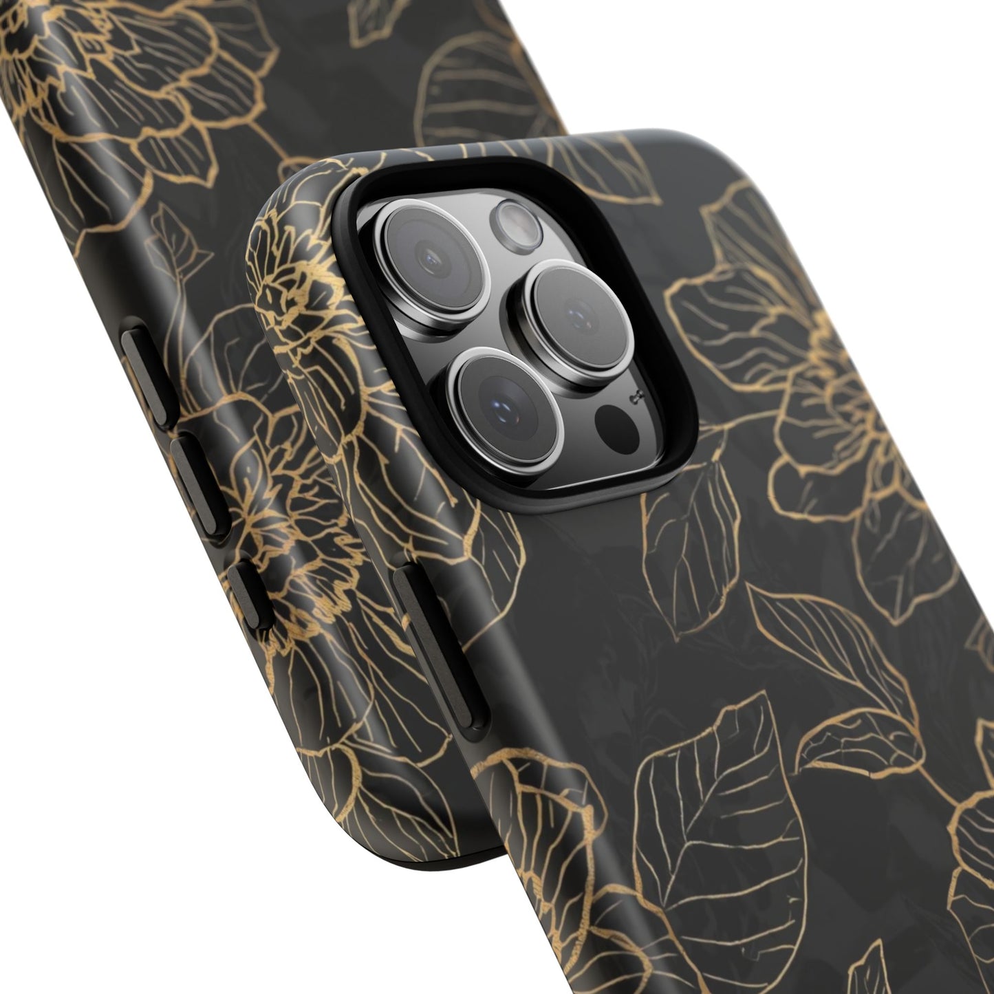 Floral Gold Outline Tough Phone Case – Black Botanical Protective Cover