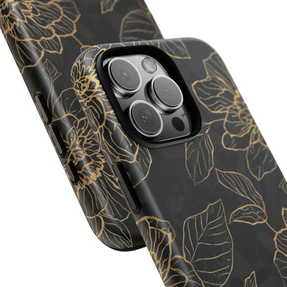 Floral Gold Outline Tough Phone Case – Black Botanical Protective Cover