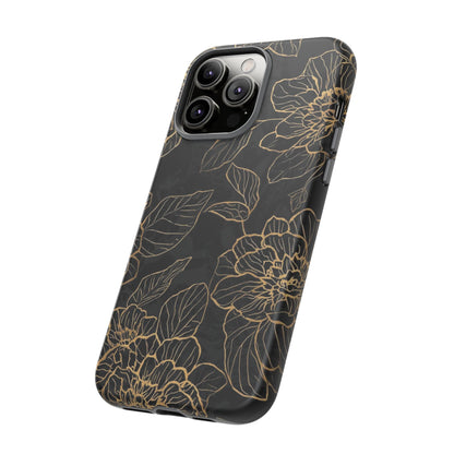 Floral Gold Outline Tough Phone Case – Black Botanical Protective Cover