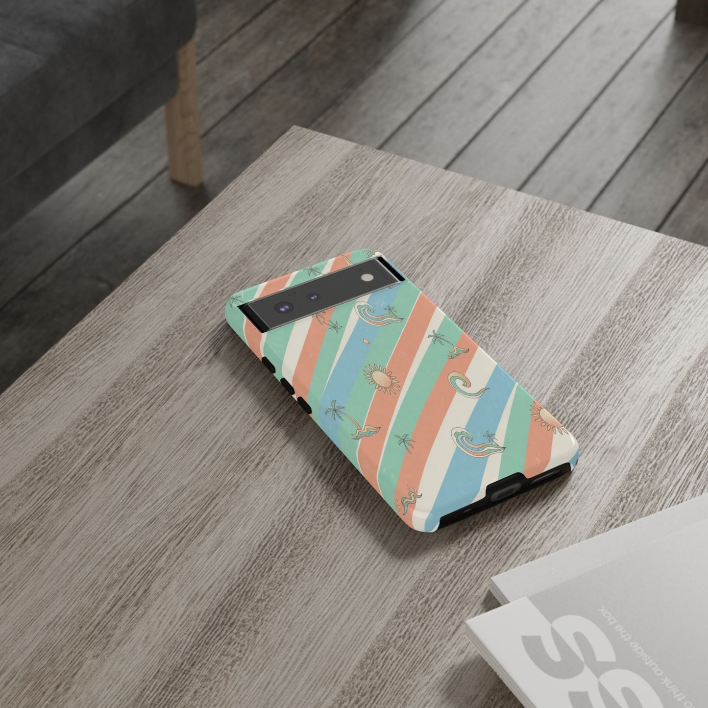 Retro Beach Stripes Phone Case — Sun, Waves & Palm Pattern Tough Case