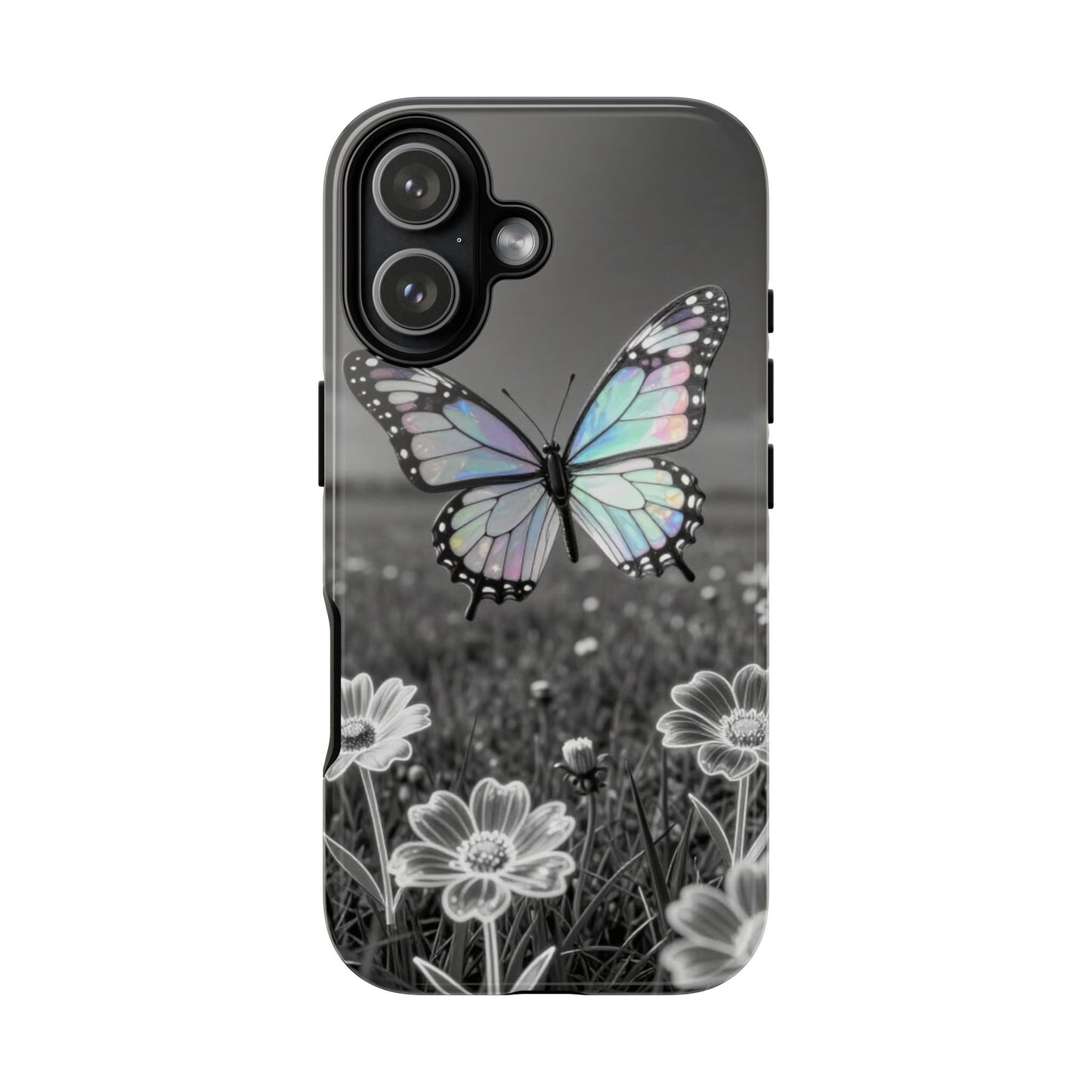 Butterfly Field Tough Phone Case — Pastel Holographic Butterfly on Black & White Floral Background