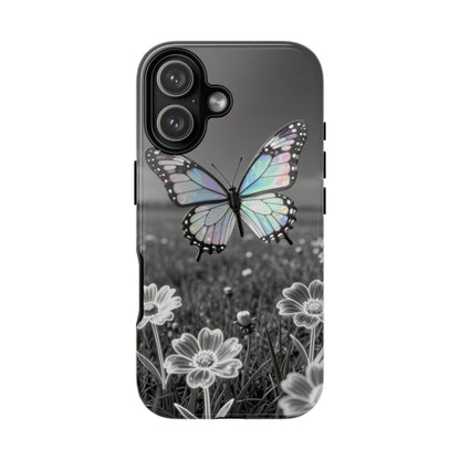Butterfly Field Tough Phone Case — Pastel Holographic Butterfly on Black & White Floral Background