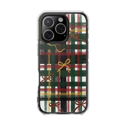 Phone Case - Festive Plaid with Gold Bows Clear Magnetic Impact Case
