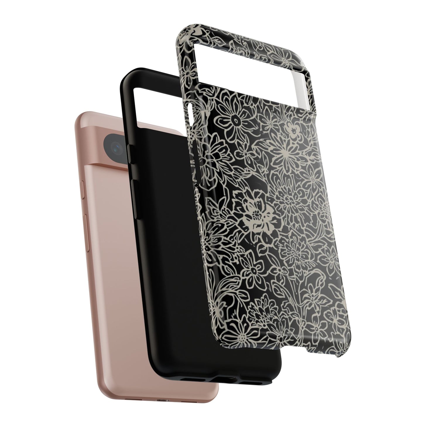 Floral Doodle Tough Phone Case — Black & White Sketch Flower Protective Cover