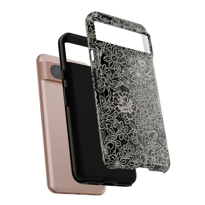 Floral Doodle Tough Phone Case — Black & White Sketch Flower Protective Cover