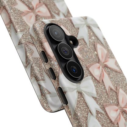 Glitter Bow Tough Phone Case — Pink & White Ribbon Protective Cover