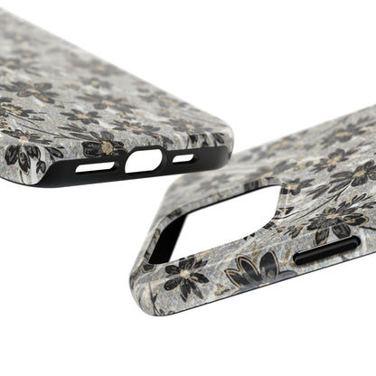 Floral Vintage Tough Phone Case — Black & Gray Rustic Flower Protective Case