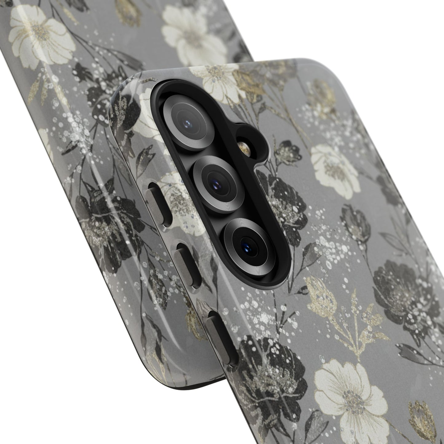 Floral Gray Tough Phone Case — Elegant Protective Phone Cover with Gold Accent