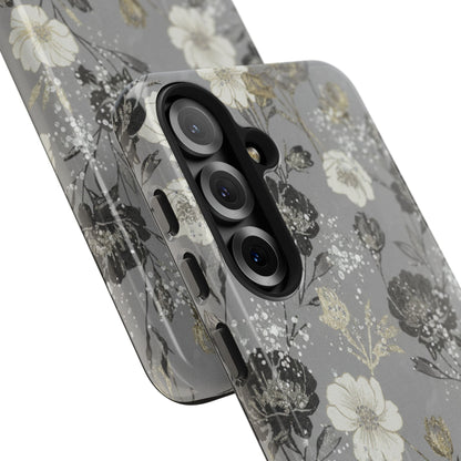 Floral Gray Tough Phone Case — Elegant Protective Phone Cover with Gold Accent