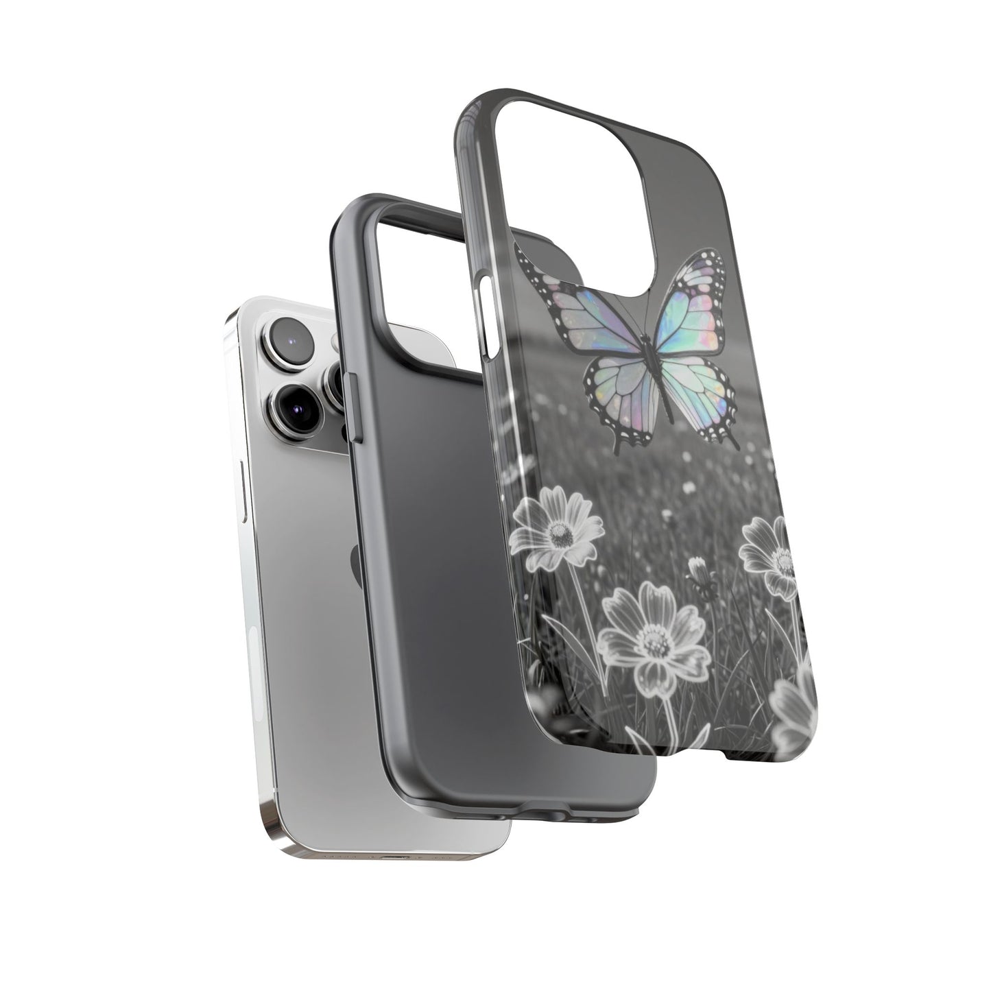 Butterfly Field Tough Phone Case — Pastel Holographic Butterfly on Black & White Floral Background