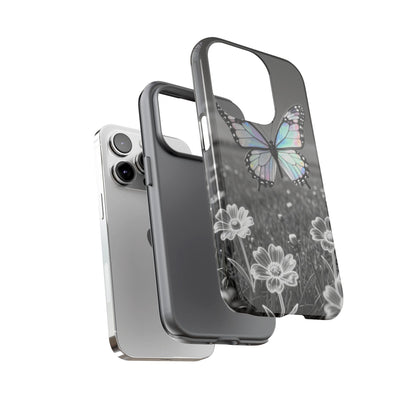 Butterfly Field Tough Phone Case — Pastel Holographic Butterfly on Black & White Floral Background