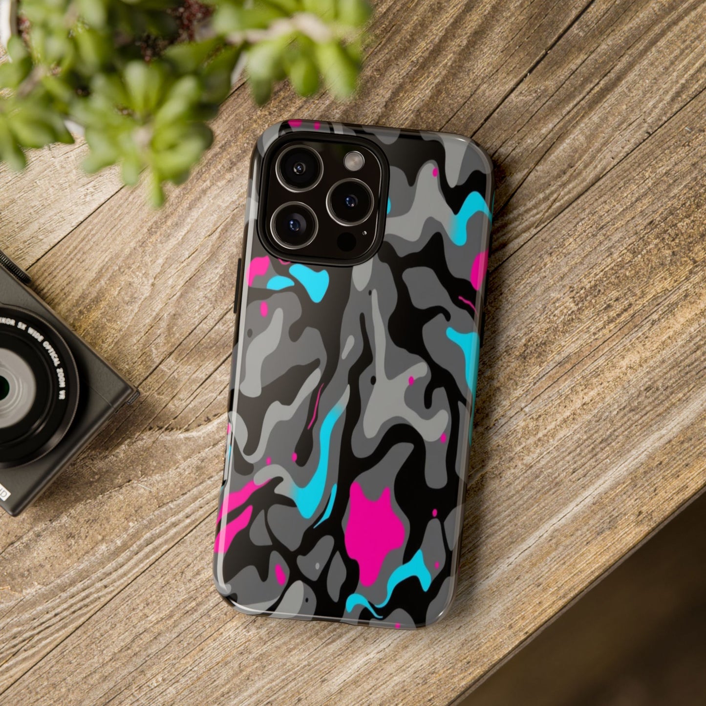 Camouflage Phone Case — Gray Camo with Neon Pink & Cyan Accent Tough Protective Cover