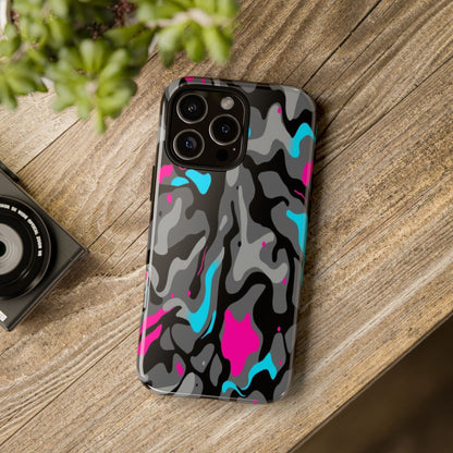 Camouflage Phone Case — Gray Camo with Neon Pink & Cyan Accent Tough Protective Cover