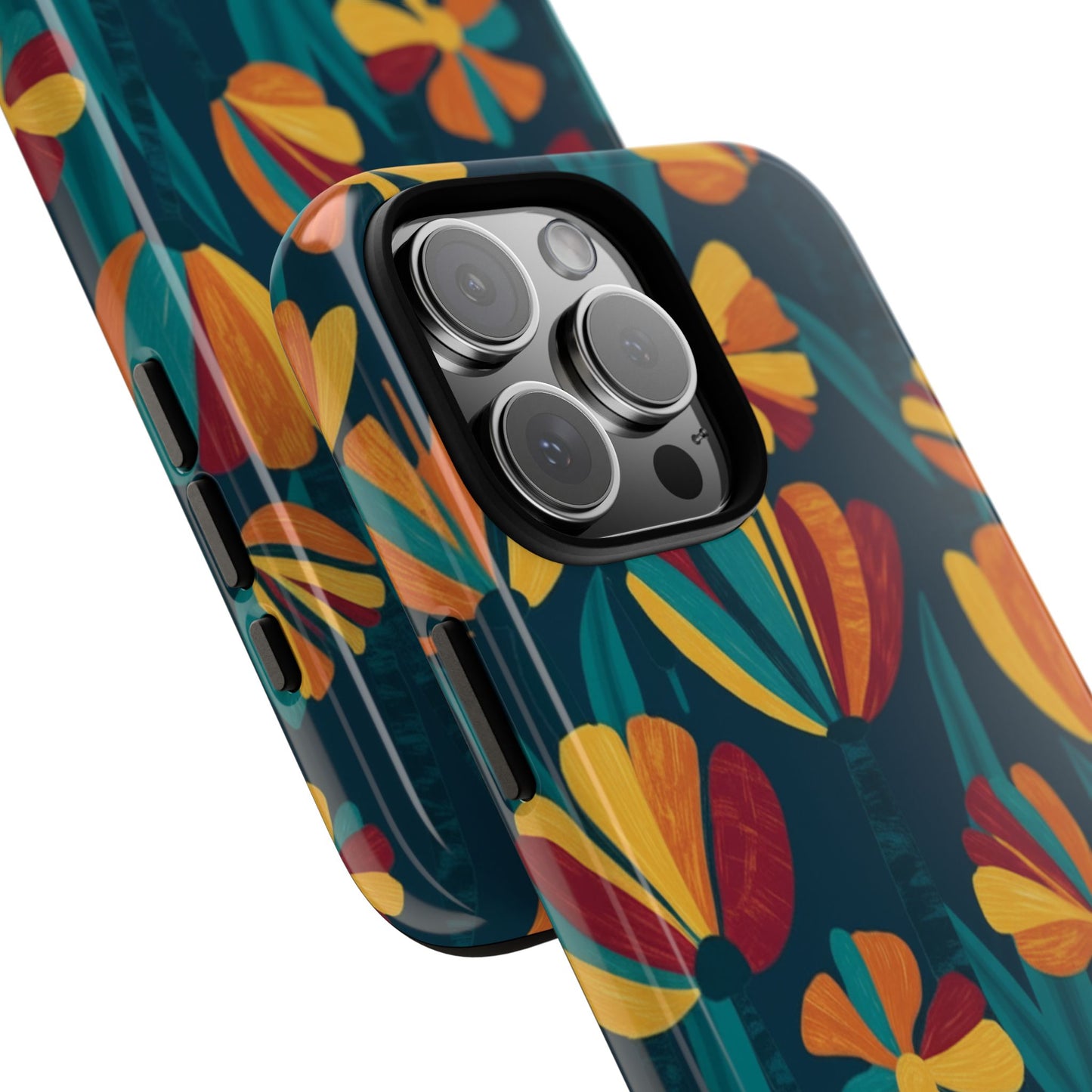 Floral Retro Teal Tough Phone Case — Vibrant Orange & Mustard Blooms