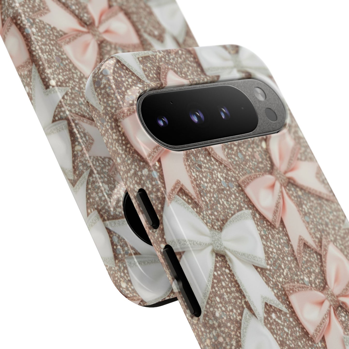 Glitter Bow Tough Phone Case — Pink & White Ribbon Protective Cover