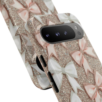Glitter Bow Tough Phone Case — Pink & White Ribbon Protective Cover