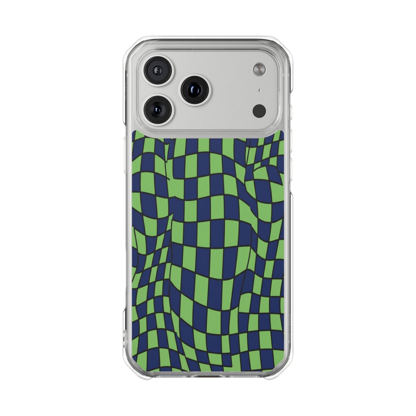 Clear Magnetic Phone Case — Green Distorted Checkerboard Design