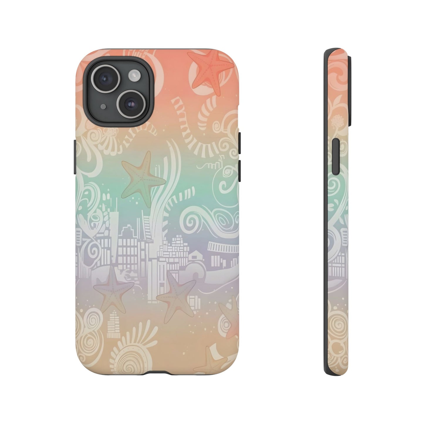 Tough Cases: Pastel Beach Pattern Phone Case — Starfish & Coastal Cityscape Protective Cover
