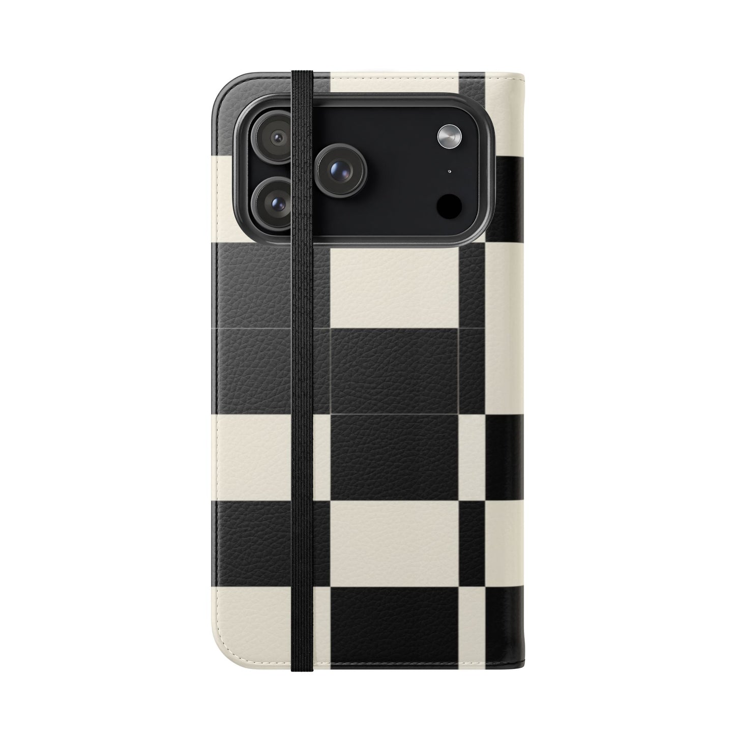 Checkered Flip Phone Case – Black & Cream Retro Grid Wallet Case