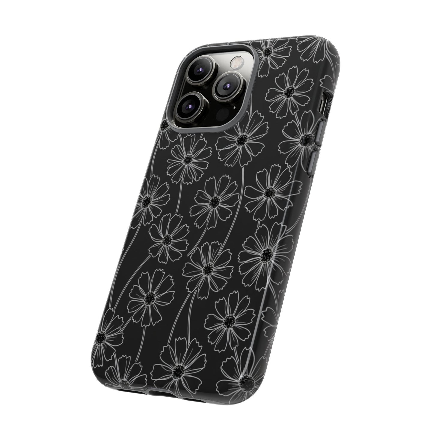 Floral Doodle Tough Phone Case — Black & Gray Daisy Pattern