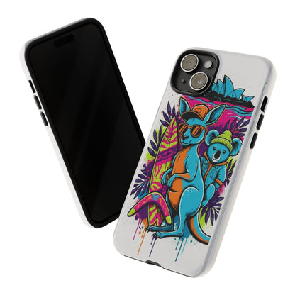 Kangaroo & Koala Surf Phone Case — Retro Neon Beach Art Tough Case
