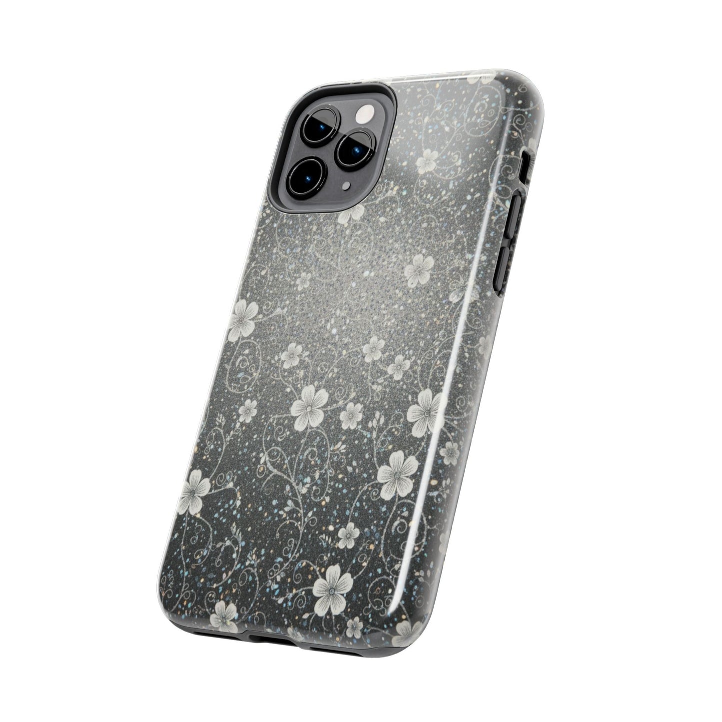 Floral Sparkle Tough Phone Case — Black & Silver Vintage Blossom