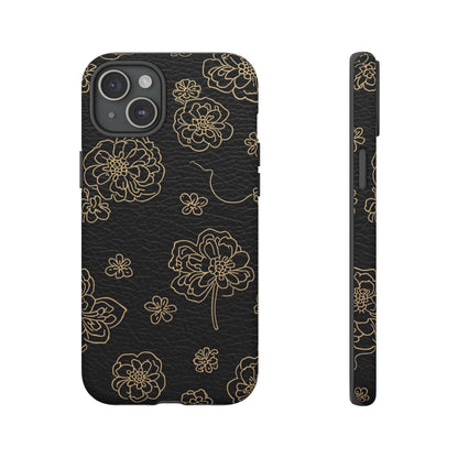Floral Leather-Texture Tough Case – Black Gold Outline Phone Cover