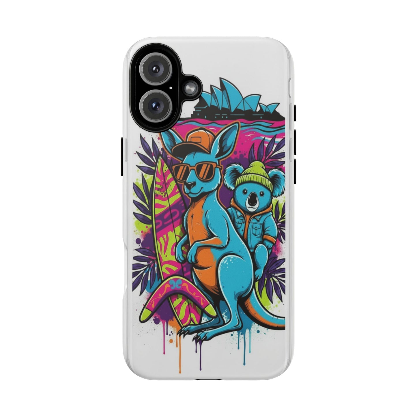Kangaroo & Koala Surf Phone Case — Retro Neon Beach Art Tough Case