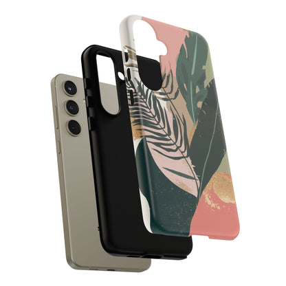 Tropical Leaf Tough Phone Case — Abstract Pink & Green Botanical Protective Cover