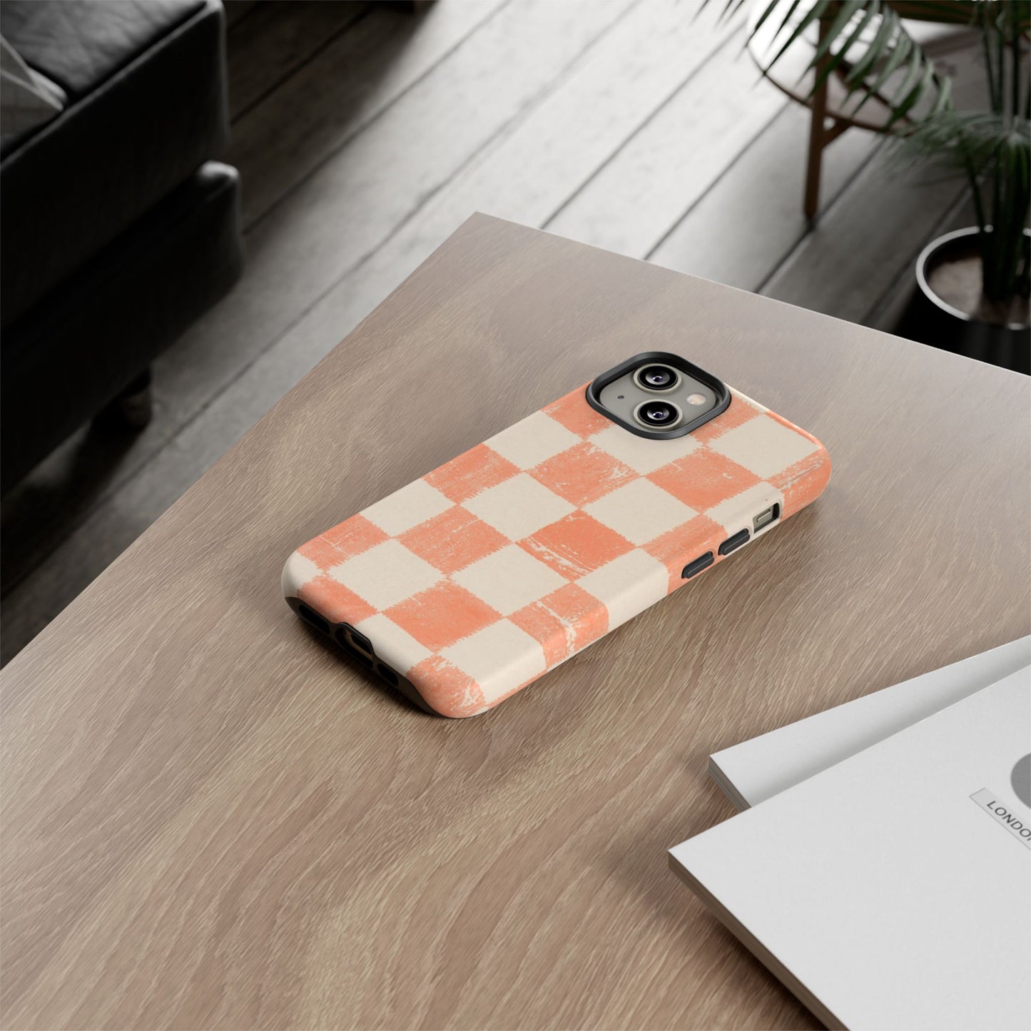 Peach Checkerboard Tough Phone Case — Retro Distressed Grid Design