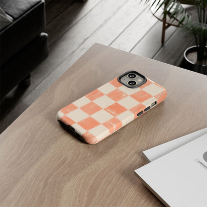 Peach Checkerboard Tough Phone Case — Retro Distressed Grid Design