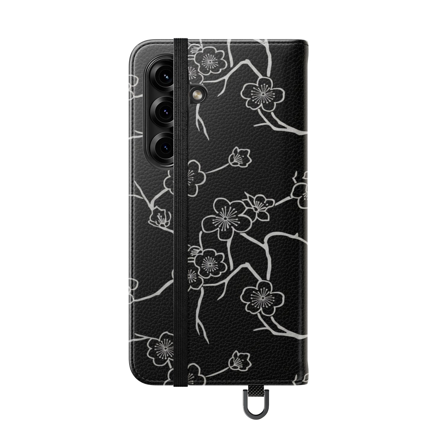 Black Cherry Blossom Flip Phone Case – Floral Wallet Flip Case with Card Slots