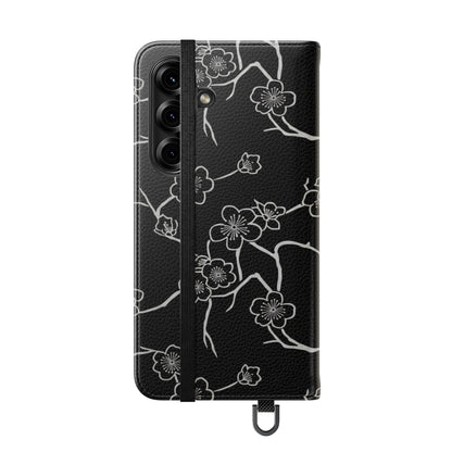 Black Cherry Blossom Flip Phone Case – Floral Wallet Flip Case with Card Slots
