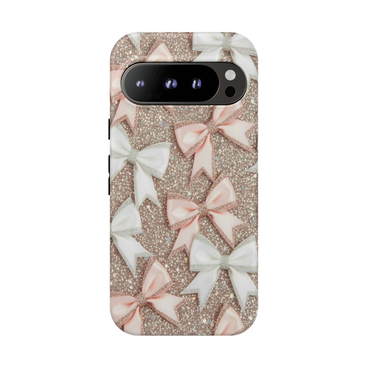 Glitter Bow Tough Phone Case — Pink & White Ribbon Protective Cover