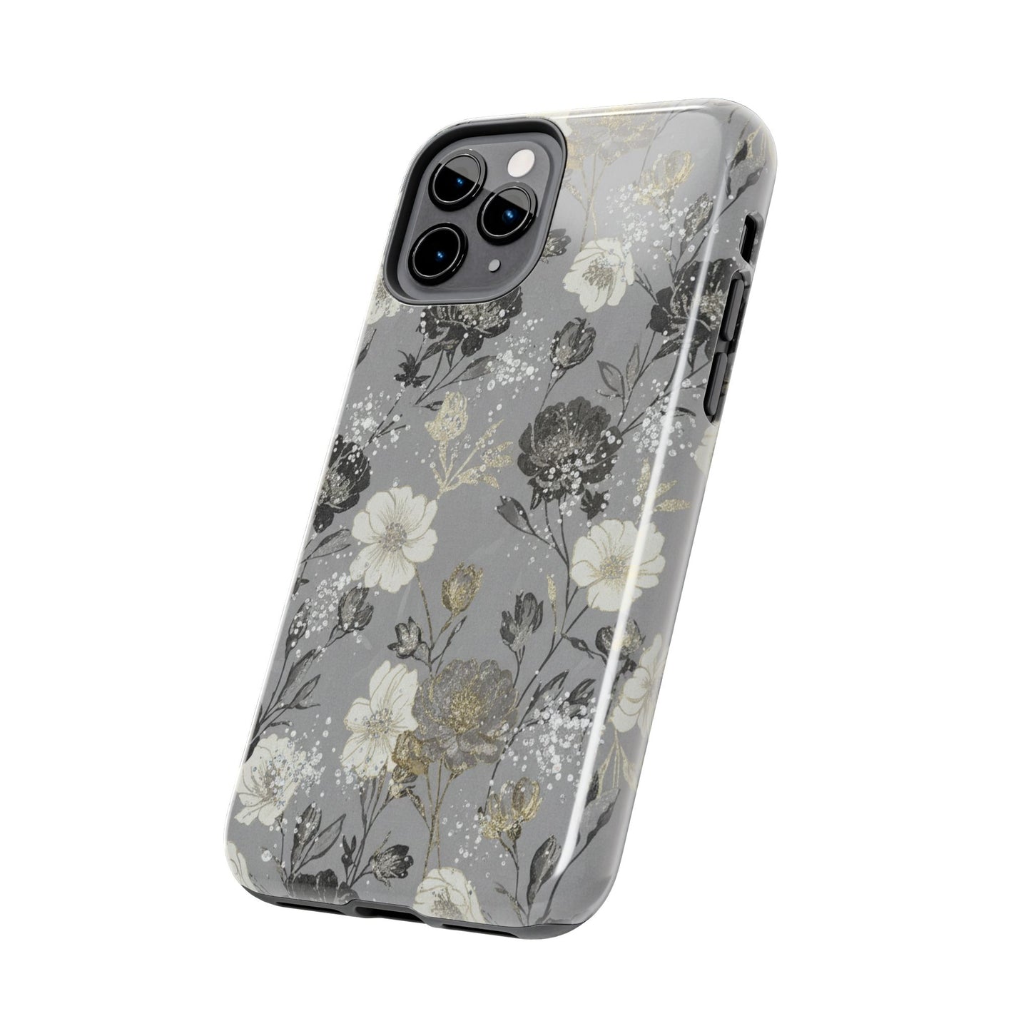 Floral Gray Tough Phone Case — Elegant Protective Phone Cover with Gold Accent