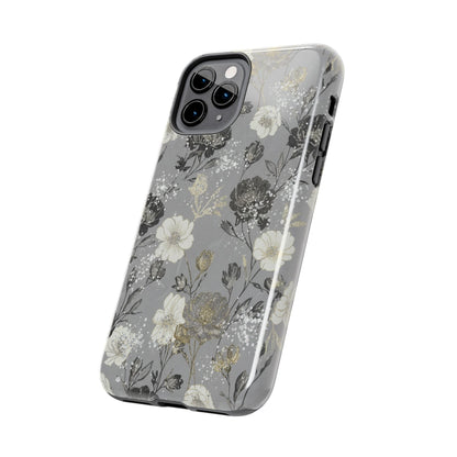 Floral Gray Tough Phone Case — Elegant Protective Phone Cover with Gold Accent