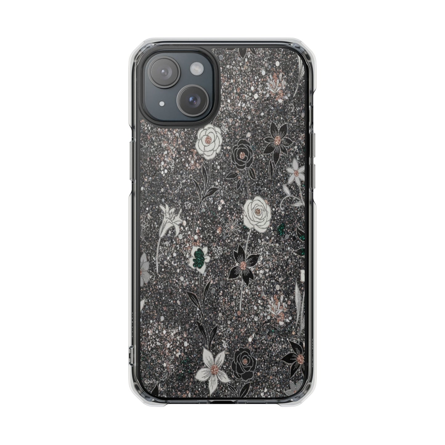 Clear Floral Glitter Magnetic Phone Case — Protective Impact Case with Rose & Daisy Design